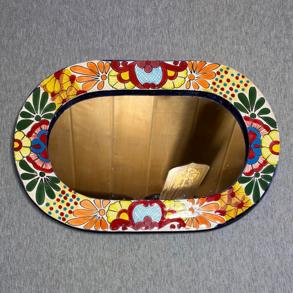 Mexican Talavera Pottery Wall Mirror Hand Painted Oval Floral Folk Art 15x11